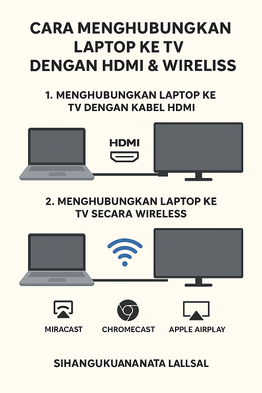 Infografis langkah-langkah cara menghubungkan laptop ke TV dengan HDMI dan wireless