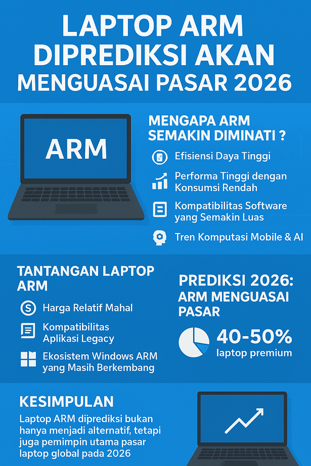 Infografis tren laptop ARM diprediksi menguasai pasar global 2026 dengan efisiensi daya dan performa tinggi.