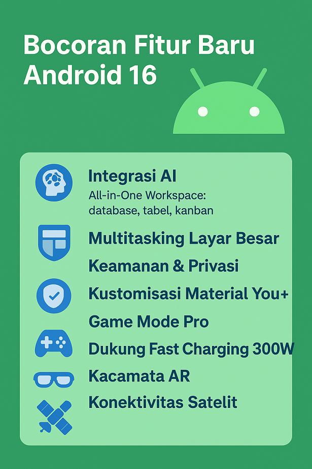 Infografis fitur Android 16: integrasi AI, multitasking layar besar, peningkatan privasi, kustomisasi Material You+, Game Mode Pro, fast charging 300W, dukungan AR glasses, dan konektivitas satelit.