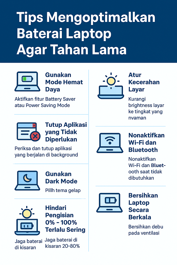 Infografis tips mengoptimalkan baterai laptop agar tahan lama dengan pengaturan software dan perawatan hardware.