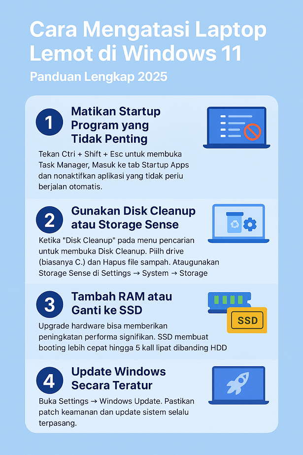 Infografis cara mengatasi laptop lemot di Windows 11 terbaru 2025
