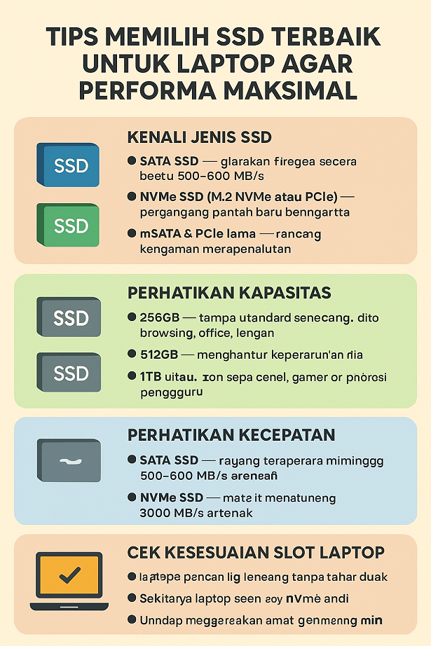 Infografis tips memilih SSD terbaik untuk laptop agar performa maksimal