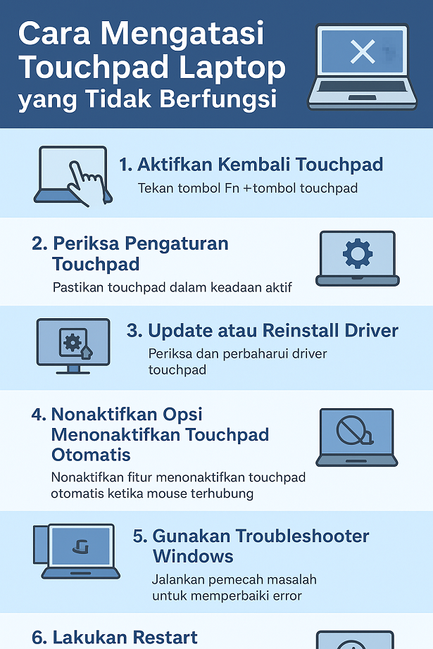 Infografis cara mengatasi touchpad laptop yang tidak berfungsi dengan langkah mudah.