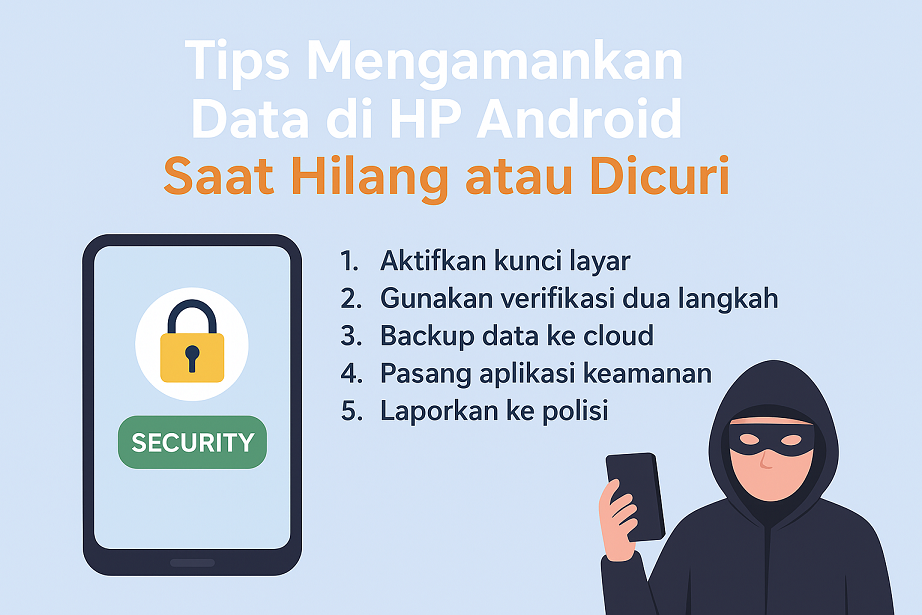 Infografis tips mengamankan data di HP Android saat hilang atau dicuri.