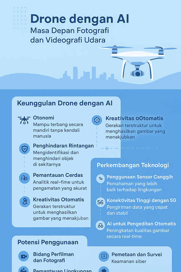Infografis tentang teknologi drone dengan AI untuk fotografi dan videografi udara.