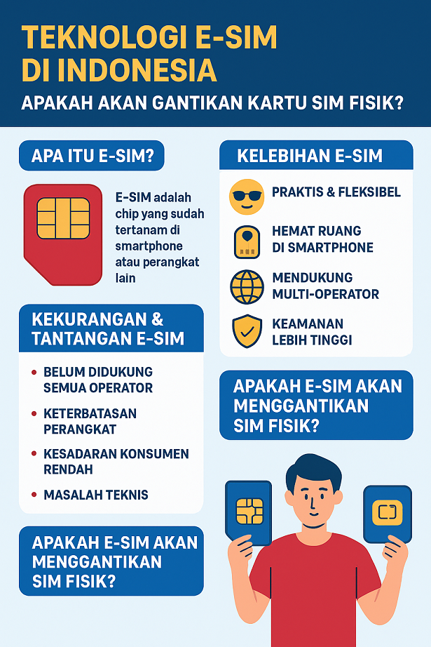 Infografis teknologi E-SIM di Indonesia menggantikan kartu SIM fisik.