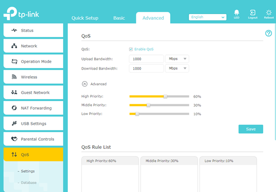 Contoh antarmuka pengaturan QoS di router